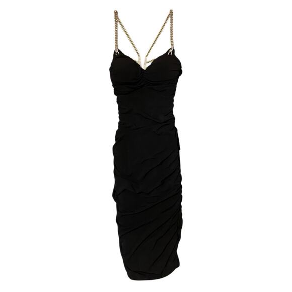Cache Bodycon Ruched Mini Dress US 2 Black Open Back Rhinestone Party Black Tie - Picture 2 of 11
